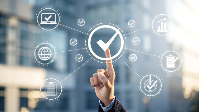 Hand touching digital interface with checkmarks and business icons