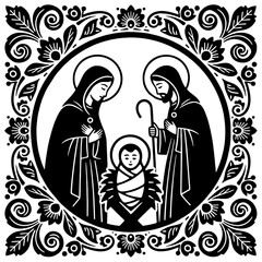 Holy Family Nativity Icon – Black and White Religious Christmas Vector with Ornamental Floral Frame