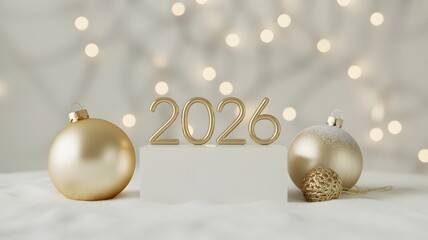 Golden 2026 numbers with christmas ornaments and bokeh lights