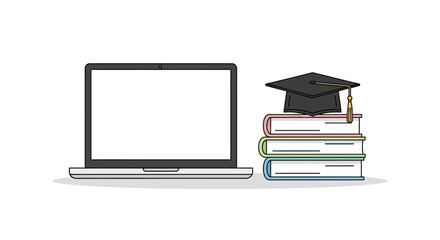 Online education and learning concept with laptop and graduation cap on books