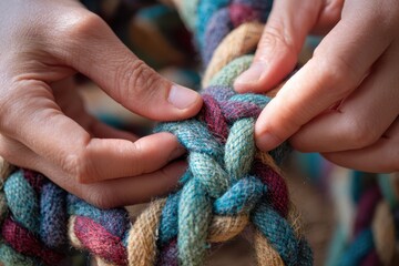 Messy pet corner concept. Hands intricately weaving colorful fibers together to create a braided pattern.