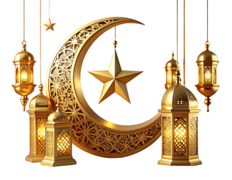 Decorative Crescent Moon, Star, and Arabic Lantern Set PNG