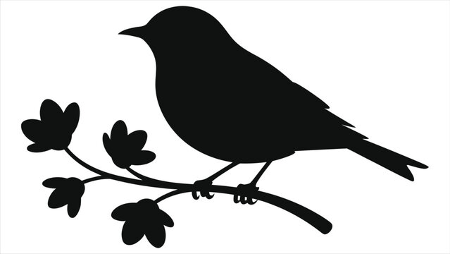 Spring season bird silhouette on blooming tree branch vector illustration, black songbird perched on floral twig, minimalist nature art for seasonal decor, greeting cards and wildlife design projects