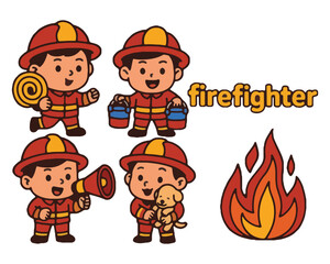 Cartoon illustration set of a funny fireman character with a fire extinguisher putting out a fire for children