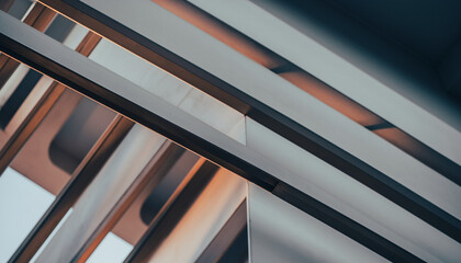 Modern architectural design showcases sleek metal beams and lines, highlighting depth and perspective for sophisticated urban projects and innovative construction