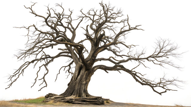 Gnarly old oak tree with bare branches against a white background