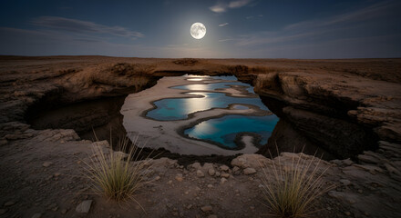 Ethereal Full Moon Illuminates a Desert Oasis Pool, Casting Reflections on Turquoise Waters.