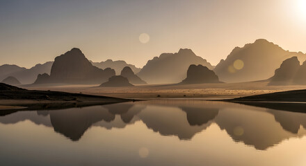 Serene Mountain Range Reflected in Calm Water at Sunrise with Soft Golden Light and Hazy Peaks