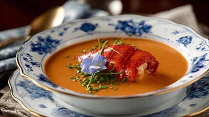 Indulge in exquisite lobster bisque with delicate floral garnish, a culinary masterpiece for fine dining and upscale food experiences