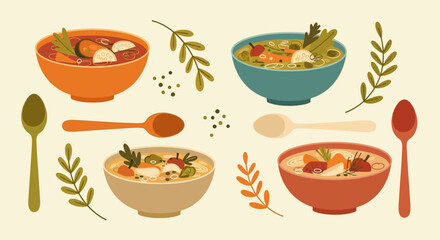 A vibrant illustration featuring a collection of delicious soups in bowls, garnished with herbs and spices, accompanied by spoons and decorative leaves, showcasing a culinary delight