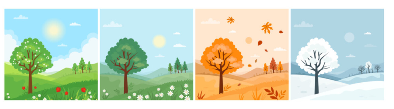 Four Seasons Landscape. Spring, Summer, Autumn and Winter Nature Set. Seasonal Time. Isolated flat Square poster background. Vector illustration. Not AI