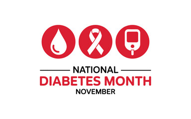 National Diabetes Month awareness graphic featuring blood drop ribbon and glucose meter icons for health campaigns and awareness events in November