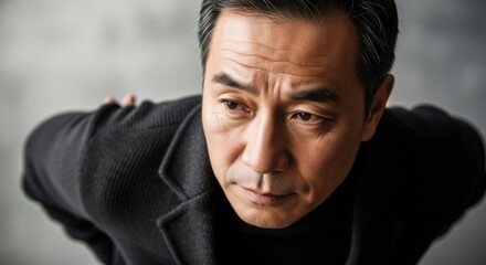 Close-up of a contemplative mature man wearing a dark blazer looking thoughtful and introspective