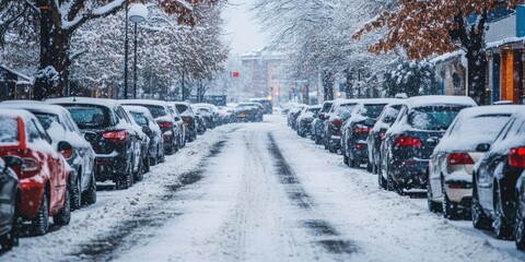 Cars park on road winter snow urban.