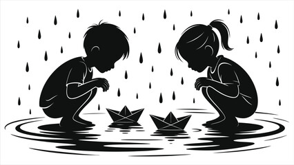 Silhouette children playing with paper boats in spring rain puddles vector illustration – childhood nostalgia, rainy day fun, outdoor play, black and white clip art, seasonal kids activity background