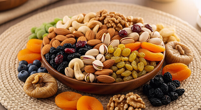 nuts and dried fruits, A bowl full of healthy nuts, Nutrition and nuts - Powered by Adobe