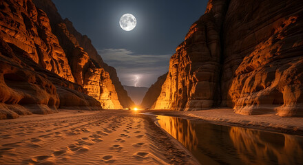 Ethereal Moonlight Illuminates a Desert Canyon Landscape with Reflective Water and Dramatic Rock Formations