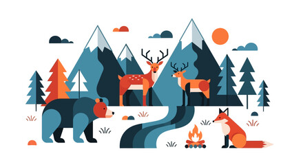A whimsical forest scene featuring various animals, mountains, trees, and a campfire, perfect for nature and wildlife themes
