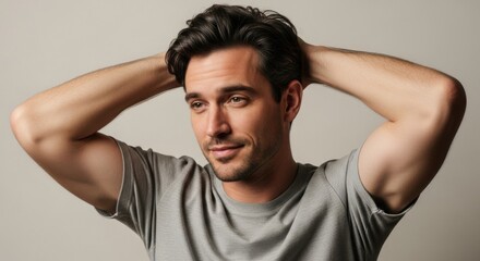 Confident young man with styled hair and relaxed pose in casual attire