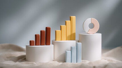 Stylized bar chart on cylindrical pedestals visualization of growth metrics.