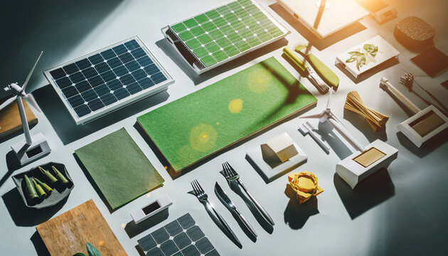 Visualize sustainable living with solar panels and wind turbines, showcasing eco-friendly materials and tools for a green, environmentally conscious lifestyle choice