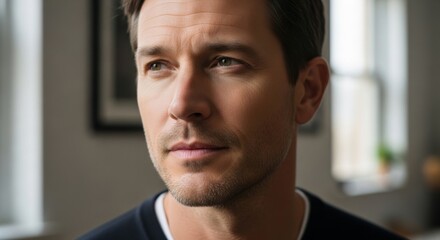 Contemplative young man gazing into distance in natural indoor