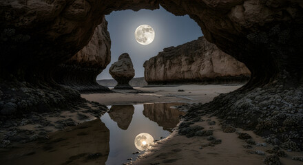 Full Moon Reflected in Tide Pool Through Coastal Rock Archway at Night