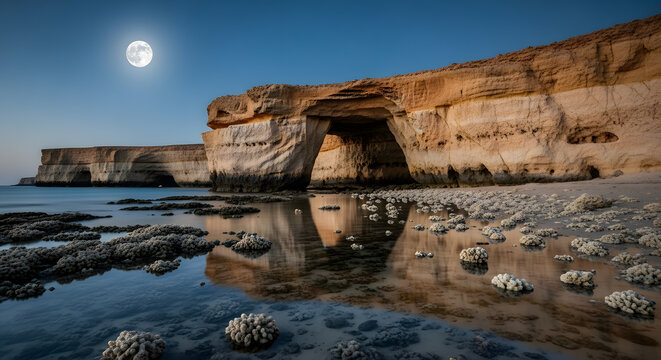 Moonlit Coastal Cliffs and Ocean Reflection Under a Clear Night Sky - Powered by Adobe