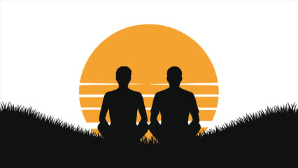 Silhouette of a couple meditating in a meadow at sunset. Vector illustration of two people sitting on a grassy hill enjoying a peaceful spring evening. Concept of love, peace, and mindfulness.