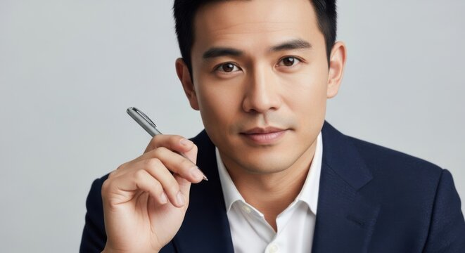 Professional confident young businessman in formal attire holding a pen for strategic planning and