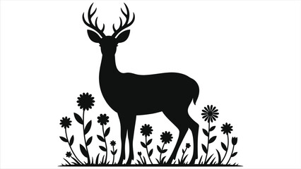 Spring Deer Silhouette Vector Art: Buck Standing Among Wildflowers, Black and White Minimalist Wildlife Illustration, Rustic Floral Meadow Graphic for Wall Art, Cards, Decor, Logo & Craft Elements