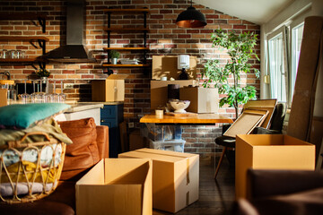 Stressful moving day boxes in cozy apartment kitchen