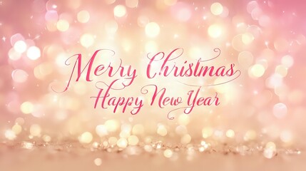 Merry Christmas and Happy New Year pastel-themed scene with soft pink and cream glowing bokeh framing bright holiday text over a gentle gradient