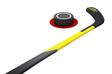 Ice hockey stick and puck on transparent background. 3D illustration