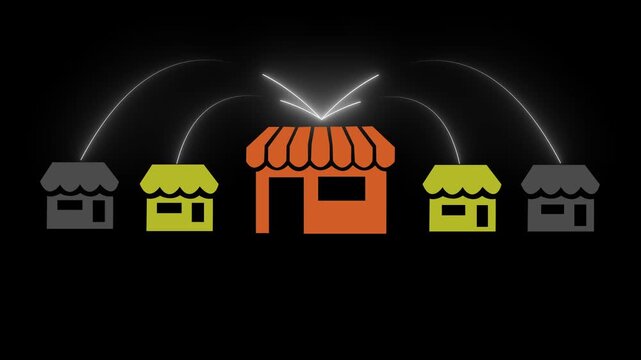 Business sale growth and expand shop franchise concept on the transparent background. Store connection link with others shop and supermarket. Motion graphics of shop expand idea. 4k video animation.4K