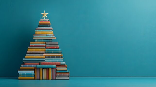 Celebrate the holidays with the magic of reading and a unique book tree topped with a gold star perfect for library promotions or holiday book sales