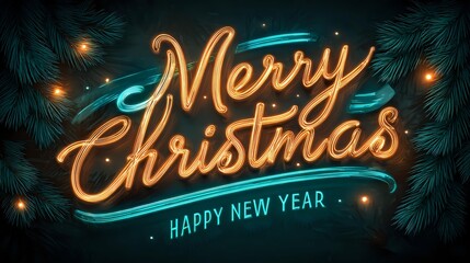 Merry Christmas and Happy New Year shimmering night scene with teal and orange glowing accents circling vibrant holiday text with polished illumination