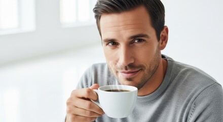 Close-up of a man with dark hair enjoying a hot beverage indoors