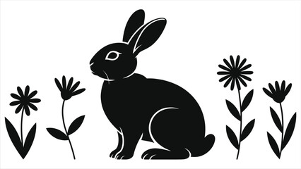 Vector Silhouette of Rabbit in Spring Meadow with Wildflowers, Cute Bunny Sitting Among Blooming Flowers, Easter Animal Illustration, Black and White Nature Clipart for Seasonal Spring Design