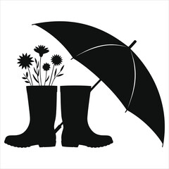 Spring Gardening Silhouette Vector. Rubber Rain Boots with Growing Wild Flowers and Umbrella Icon. Monochrome graphic symbolizing growth, rain, fresh season, and nature.