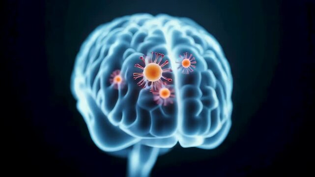 Blue glowing human brain with visible orange viral cells attached inside, on a dark blurred background with depth and shadow. Medical concept of infectious disease in neurology