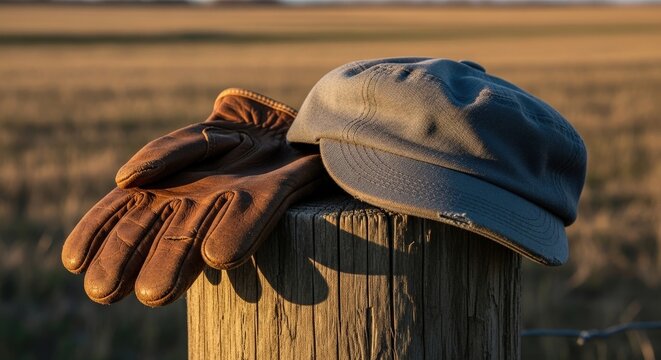 Leather work gloves and a weathered cap rest on a rustic fence post in a sunny golden field at sunrise