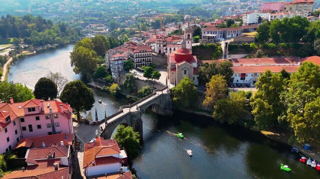 Amarante, Portugal from Above &ndash; Cinematic Drone View of Historic Bridge, Old Town and Riverside Landscape. Portugal Landmarks