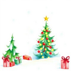 Decorated christmas tree with gifts and snow on white backdrop