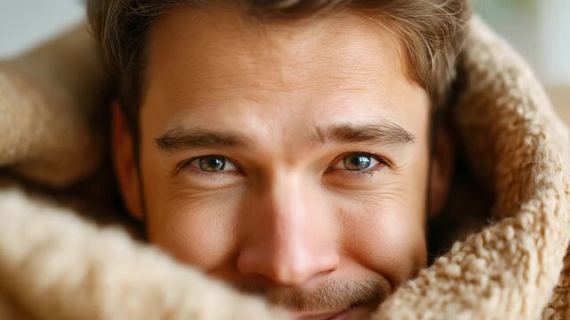 Close up of squinting eyes under blanket, bedhead hair, humor mood, candid realism, with copy space