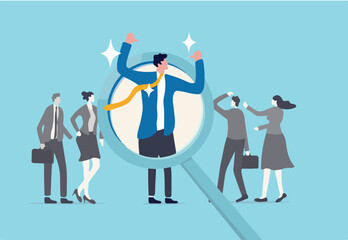 Outstanding winner candidate for job position, stand out from the crowd, notable, different or distinct person concept, confidence businessman stand out on human resource magnifying glass recruitment.
