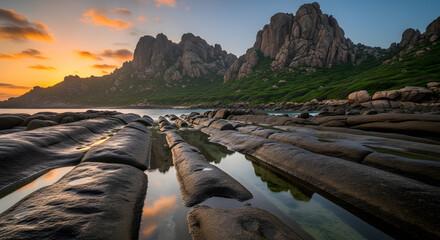 Dramatic Coastal Landscape at Sunset with Jagged Mountains and Reflective Rock Formations