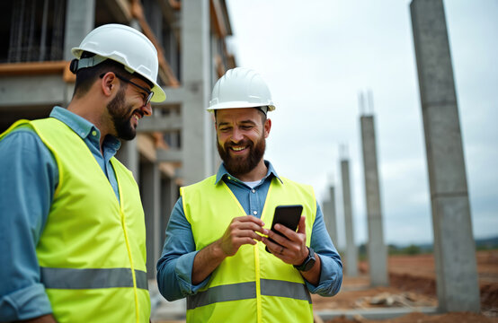 Two construction workers in hard hats and safety vests smile while looking at a smartphone. They are on a building site with concrete pillars and unfinished structures visible.