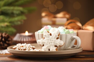 Tasty gingerbread cookies, marshmallows and Christmas decor on wooden table against blurred lights, closeup. Bokeh effect