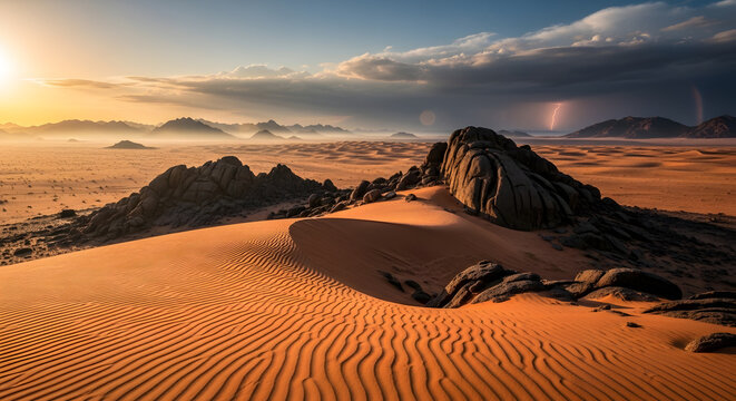 Dramatic Desert Landscape at Sunrise with Rolling Sand Dunes, Rocky Outcrops, and Distant Storm Clouds - Powered by Adobe